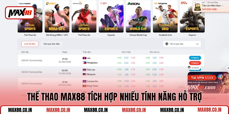 Thể Thao MAX88 2 Thể thao MAX88 tích hợp nhiều tính năng hỗ trợ
